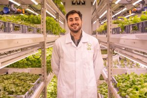 Researcher Ricardo Lopes in an indoor vertical farm.