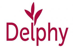 Delphy logo. Red letters on white background