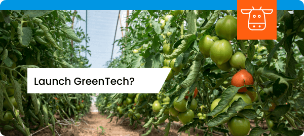 Tomatoes in greenhouse with text: launch GreenTech