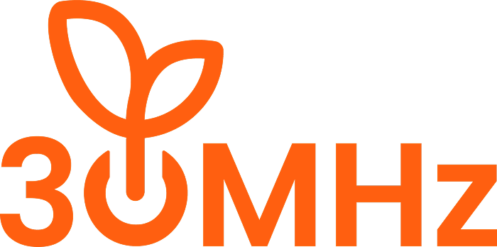 30MHz logo consisting of 30MHz in text with the zero as the plant icon